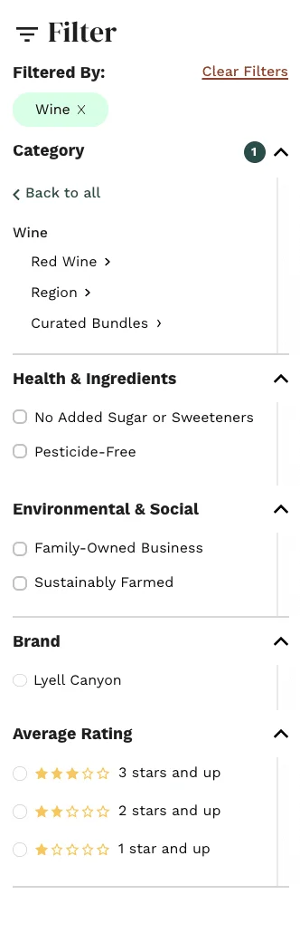 Thirve Market Wine Filtering Options