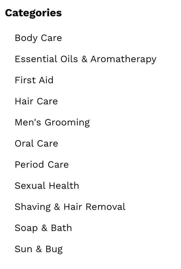 All the product categories they feature